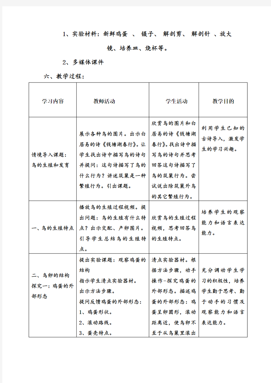 鸟的生殖和发育教案