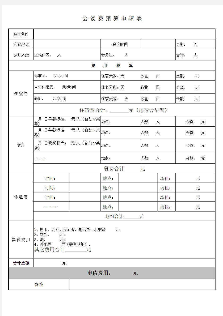 会议费预算申请表