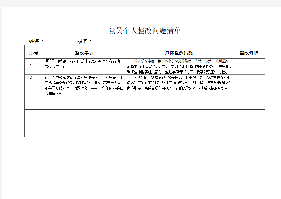 党员个人整改问题清单