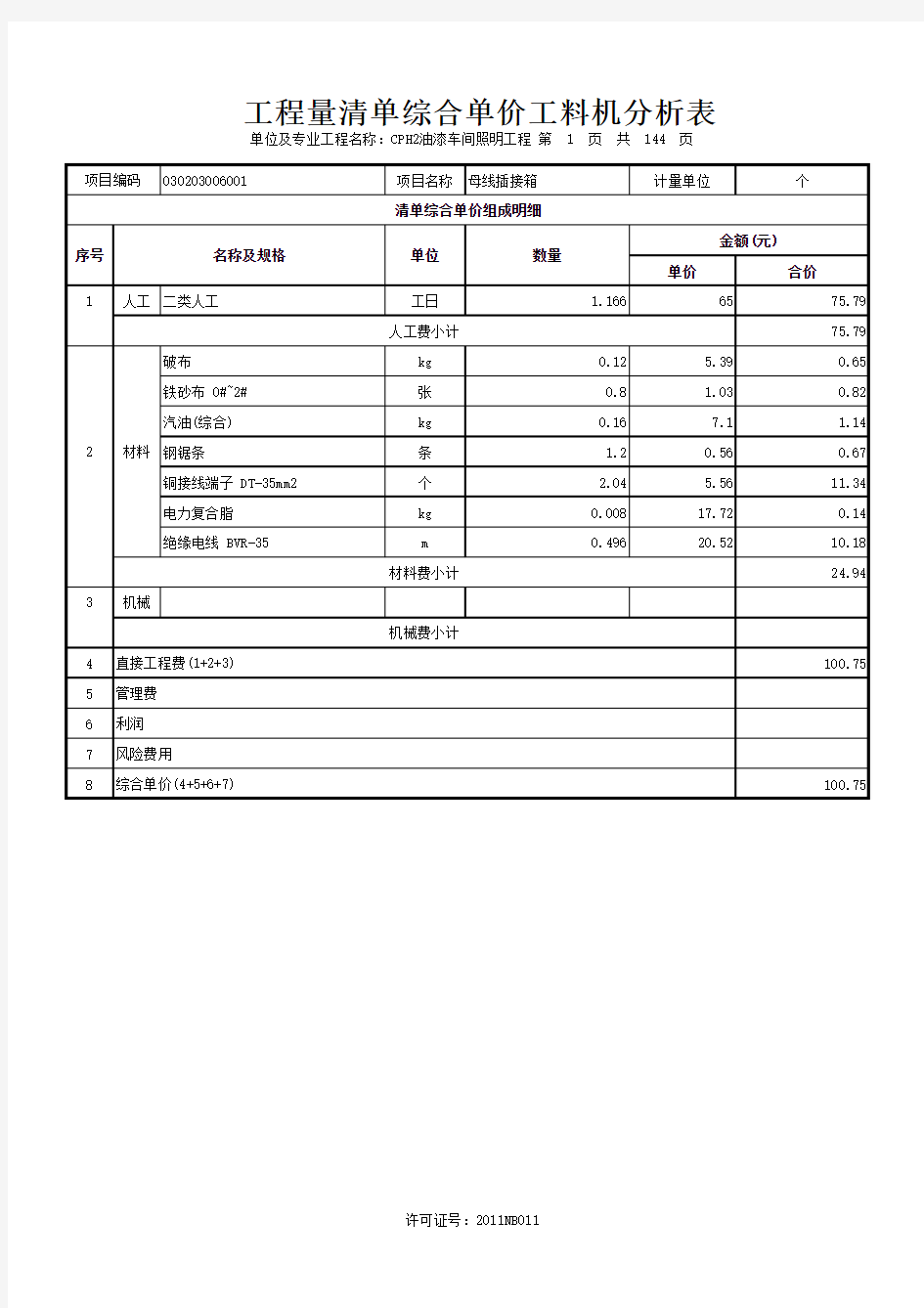 表4-5-1-1工程量清单综合单价工料机分析表