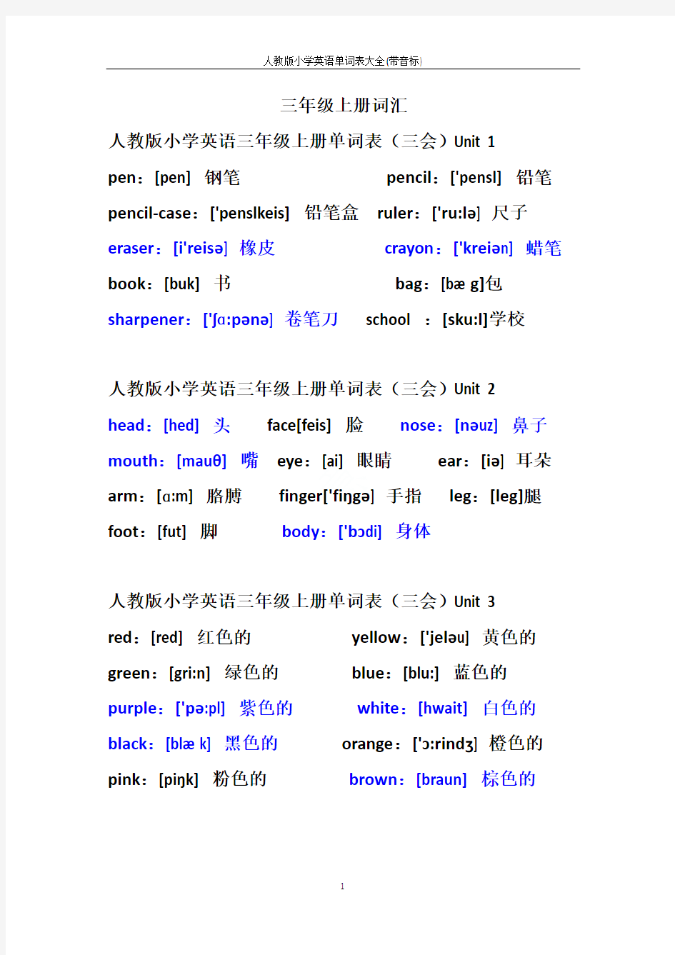 人教版小学英语单词表大全(带音标)