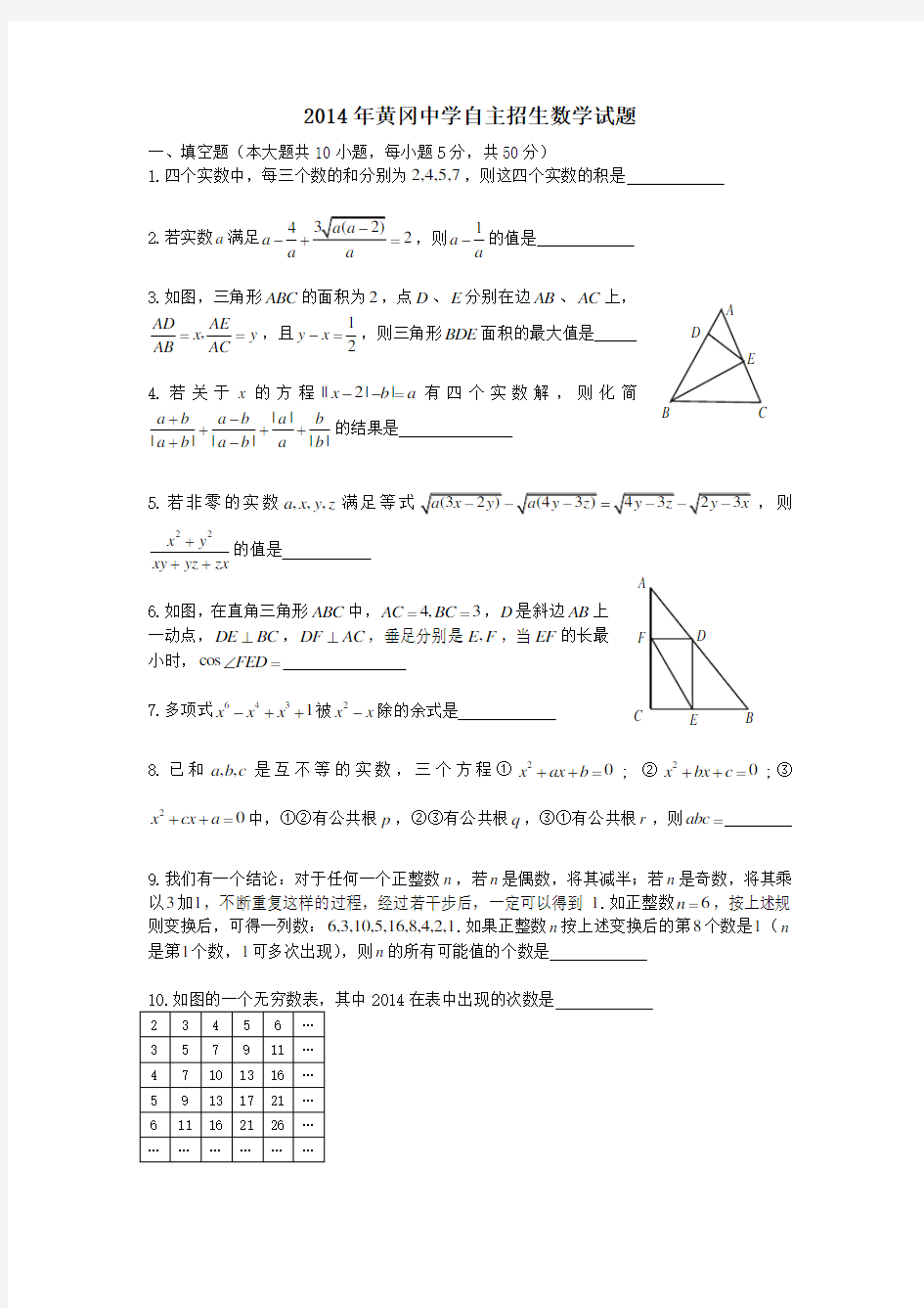 2016高中自主招生数学模拟试题及答案