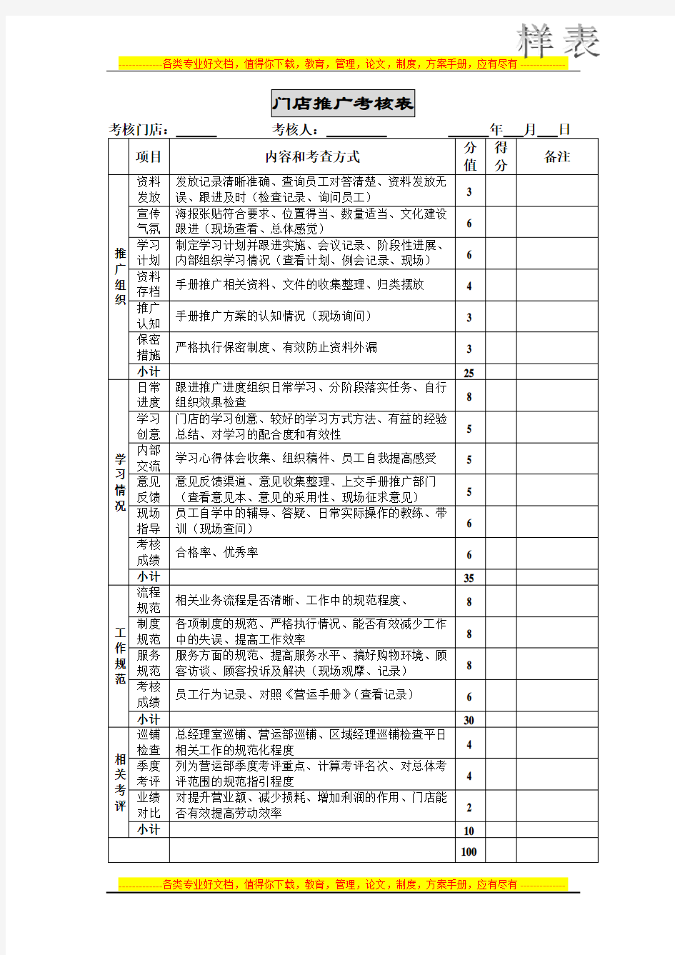 员工日常考核表