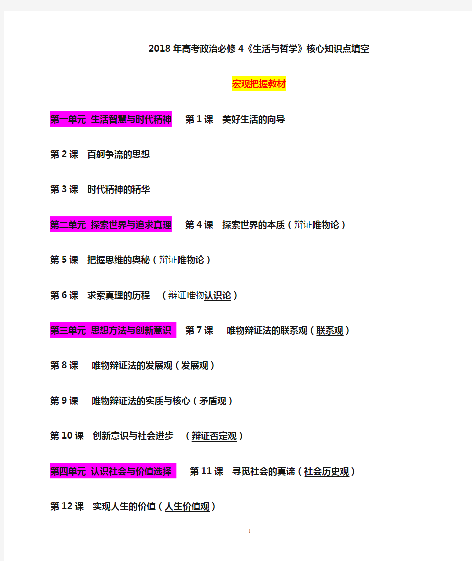 2018年高考政治必修4《生活与哲学》核心知识点(填空版)