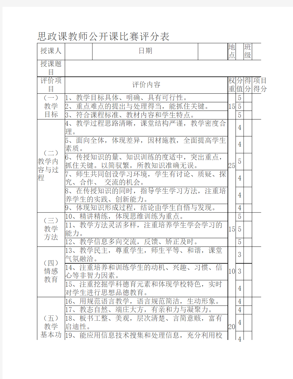 思政课教师公开课比赛评分    表