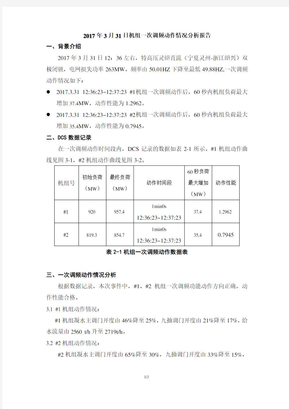 1000MW机组一次调频动作分析报告