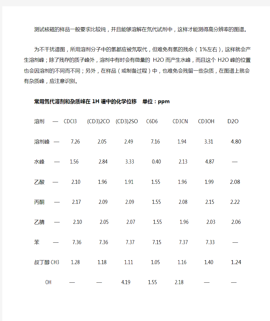 核磁谱图NMR常见溶剂峰杂质峰分析中文版