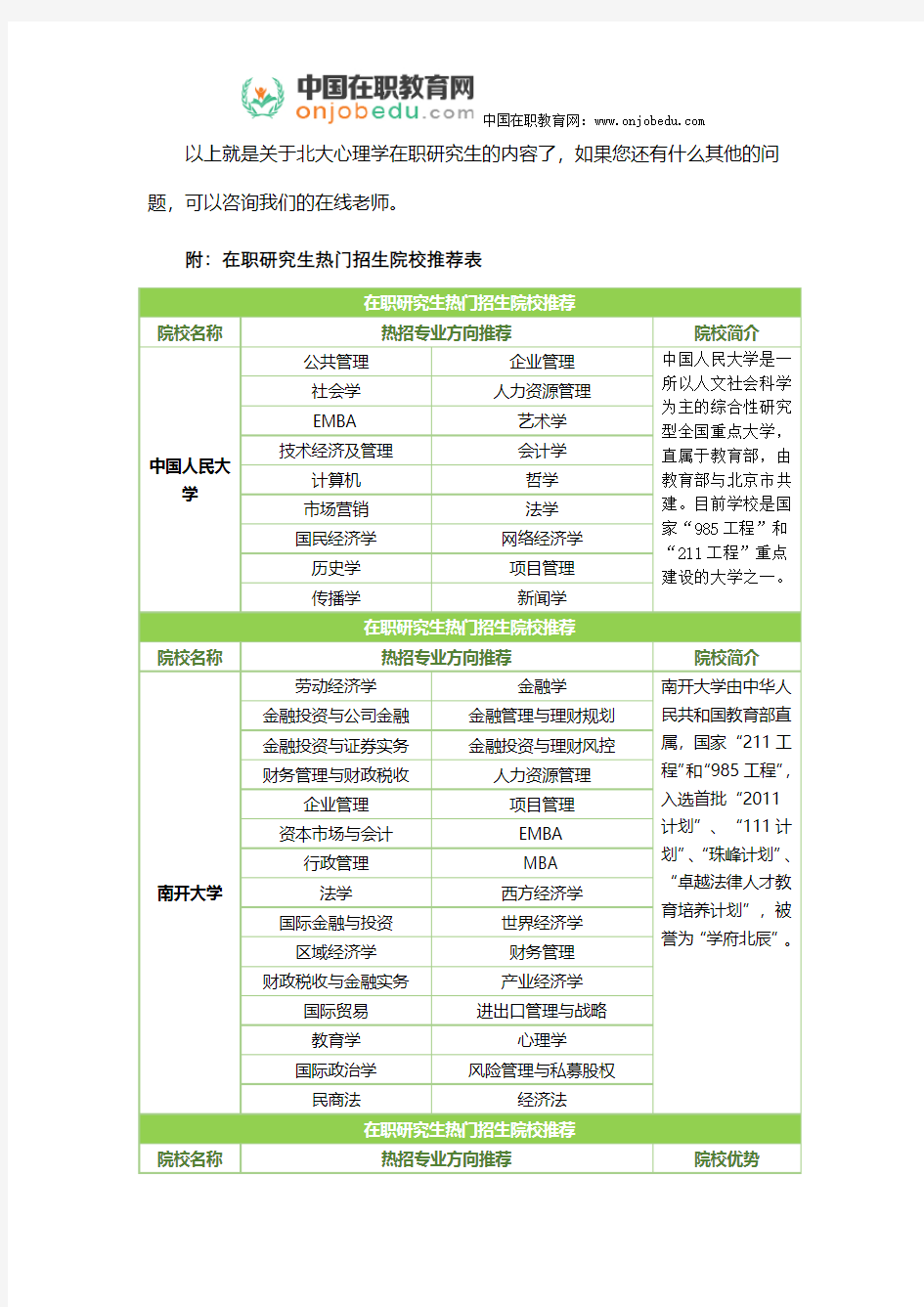 北大心理学在职研究生招生与培养方向