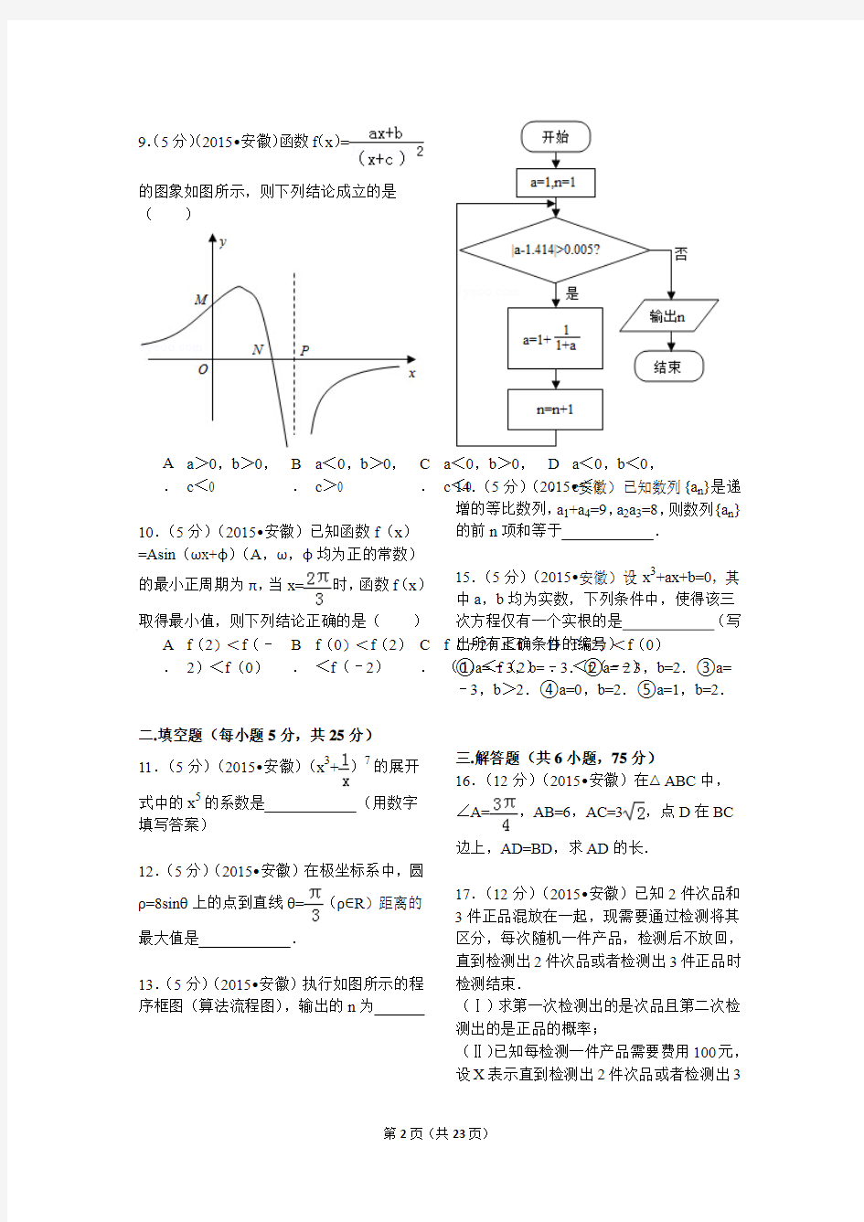 2015年安徽省高考数学试卷(理科)解析