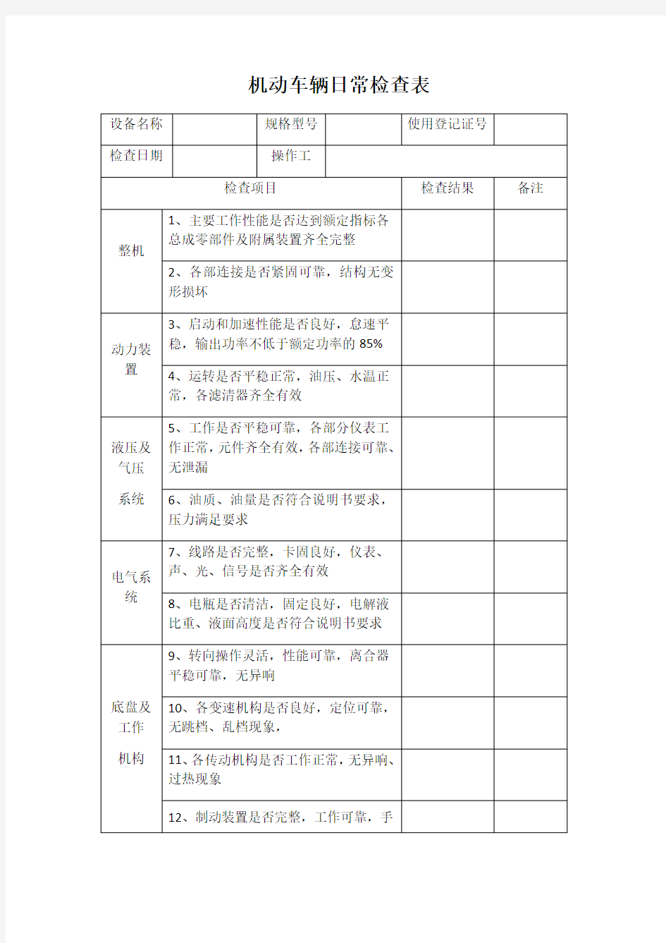 大型机械设备日常检查表教学提纲