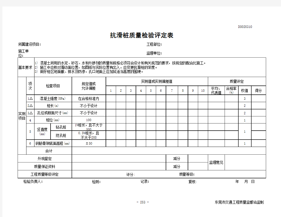 抗滑桩质量检验评定表DG020310