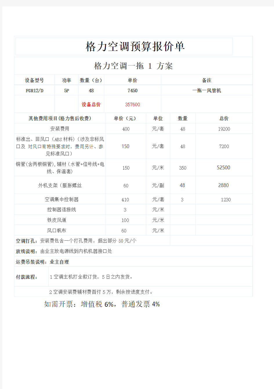 格力空调预算报价单