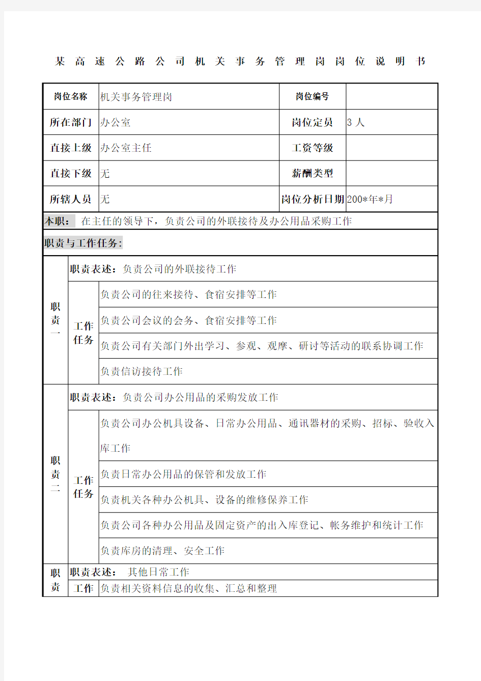 高速公路公司机关事务管理岗岗位说明书