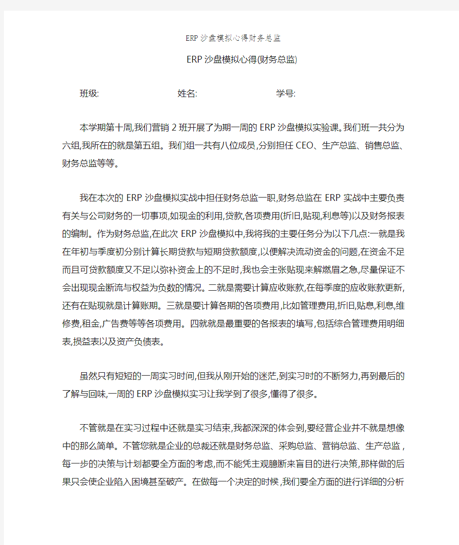 ERP沙盘模拟心得财务总监