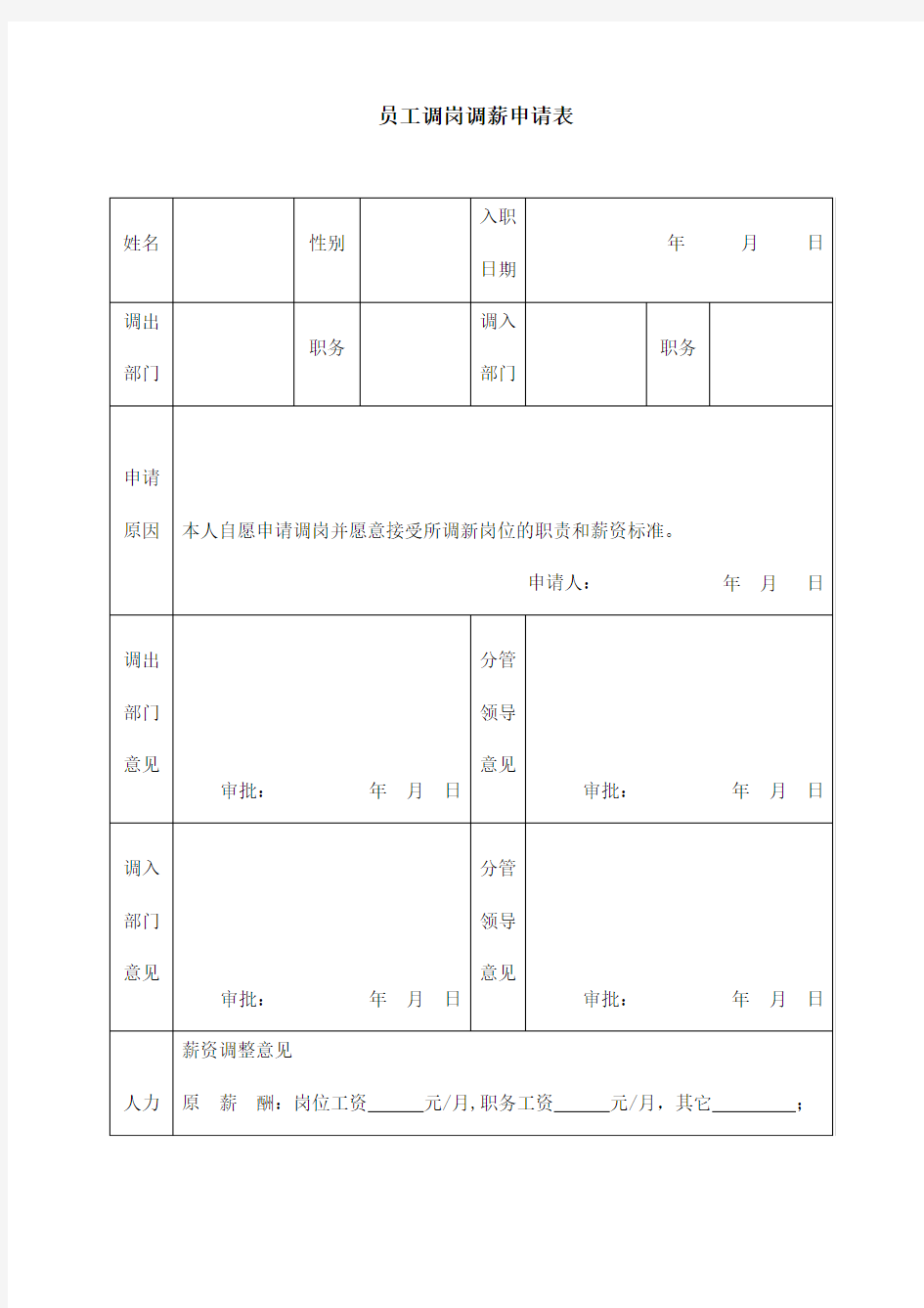 员工调岗调薪申请表资料整理