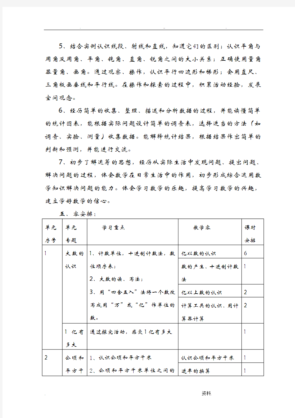 小学数学四年级上册课程纲要