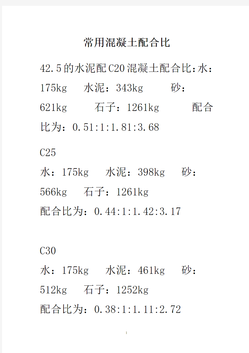 常用混凝土配合比