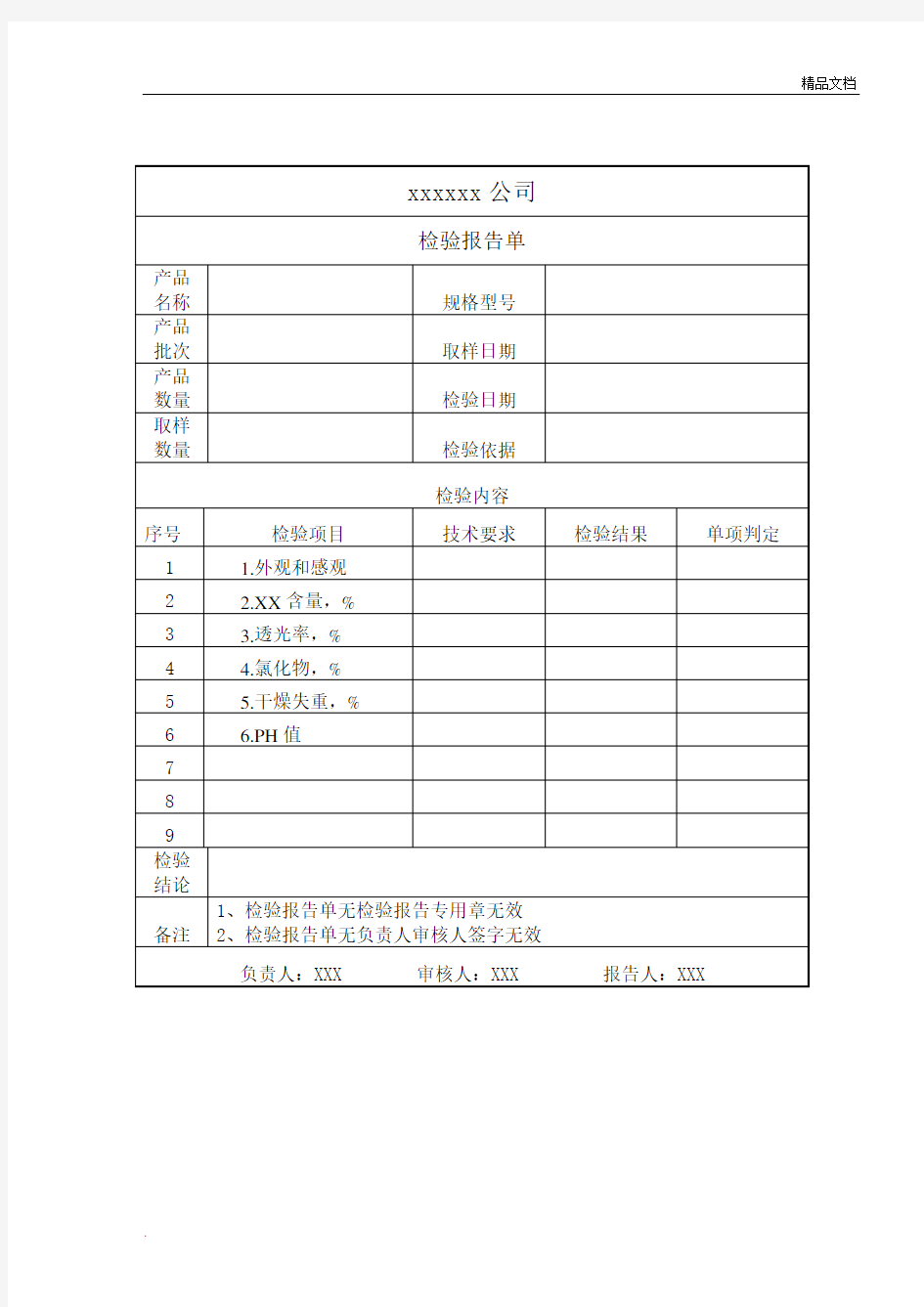 出厂检验报告单模板