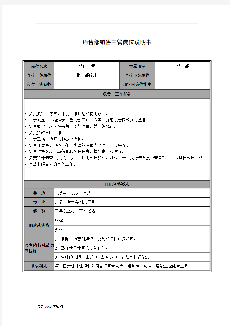 销售部销售主管岗位说明书