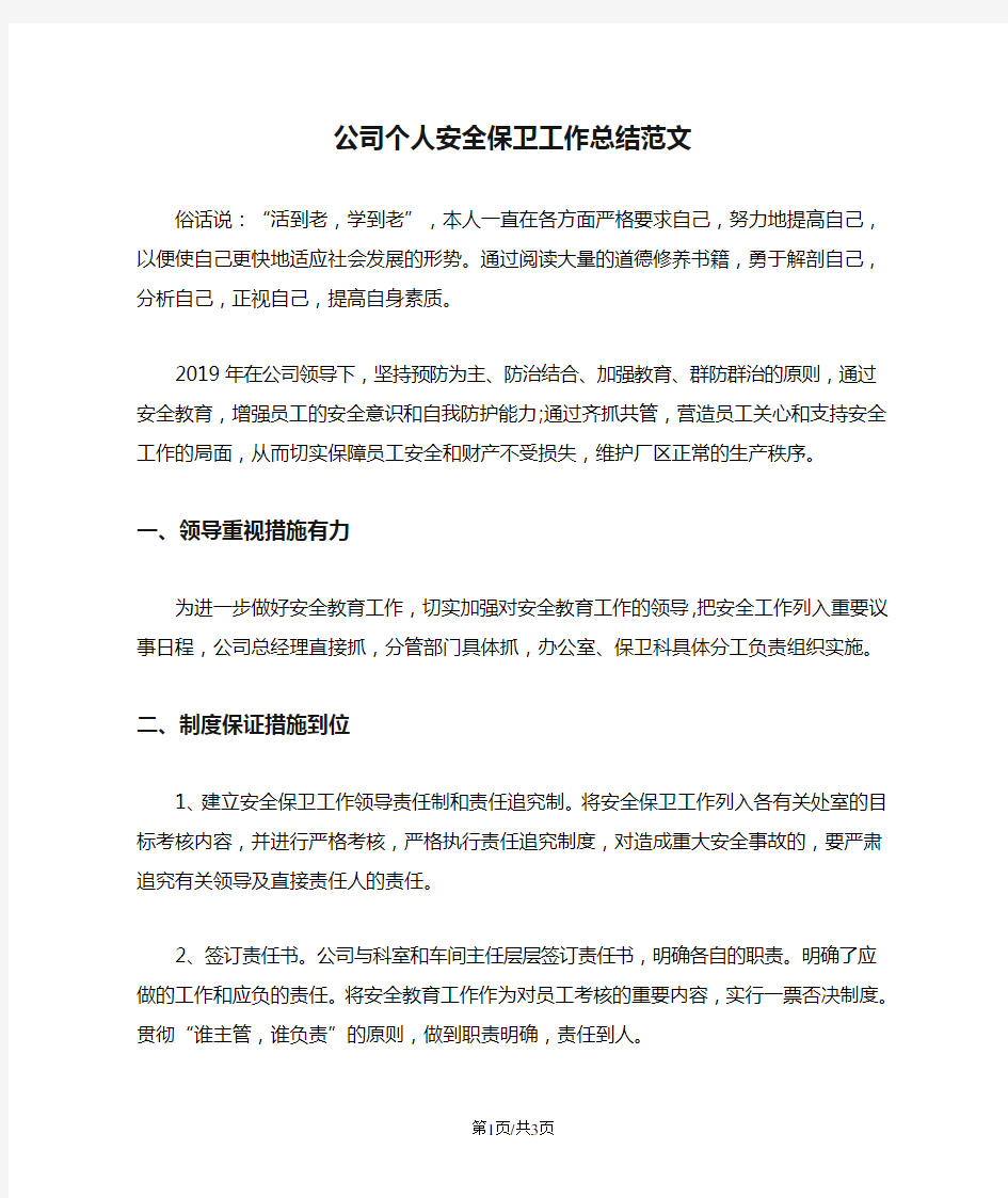 公司个人安全保卫工作总结范文