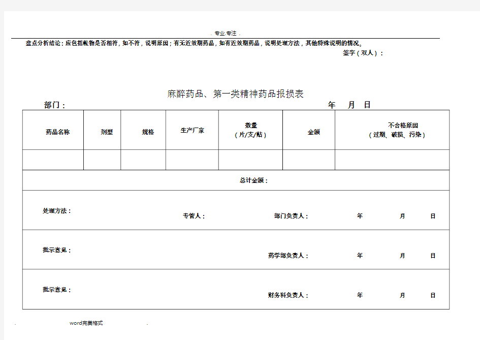 麻醉药品相关表格模板