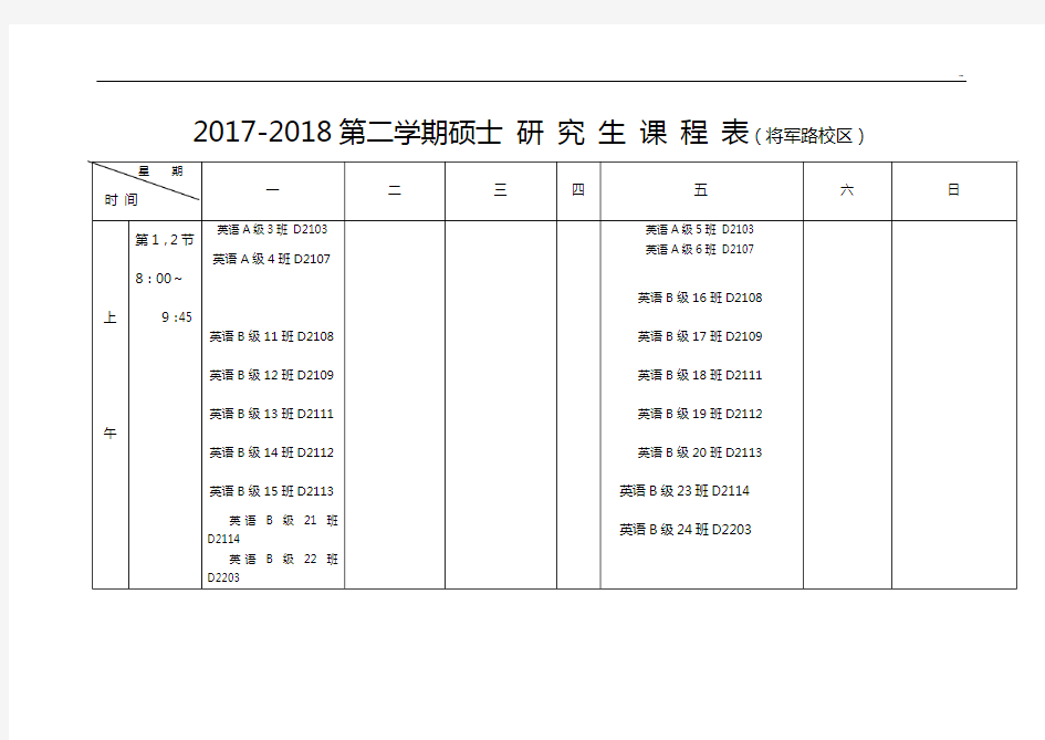 2014级硕士研究生英语课程表(明故宫校区)