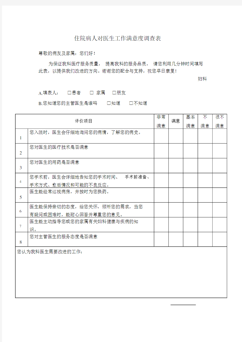 住院病人对医生工作满意度调查表.docx