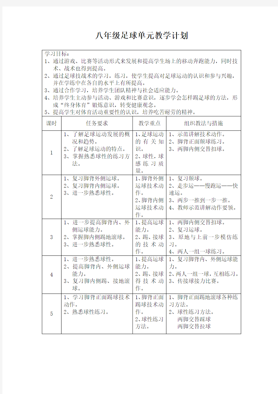 八年级足球单元教学计划