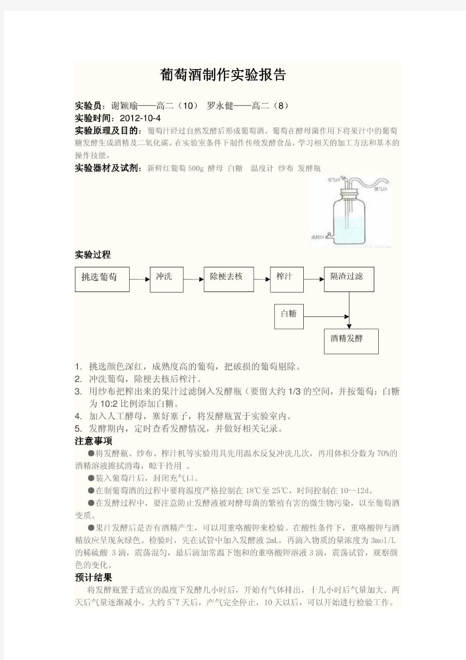 葡萄酒制作实验报告