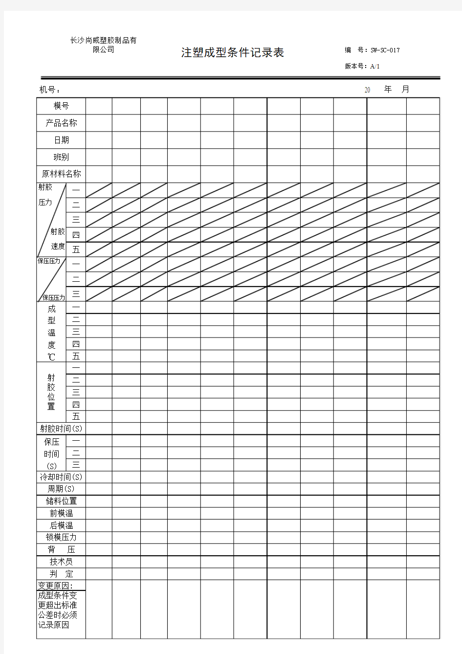 注塑成型条件记录表017