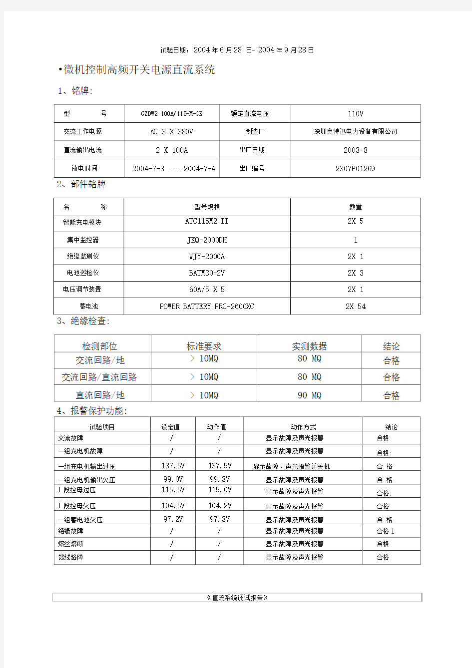 直流屏调试报告