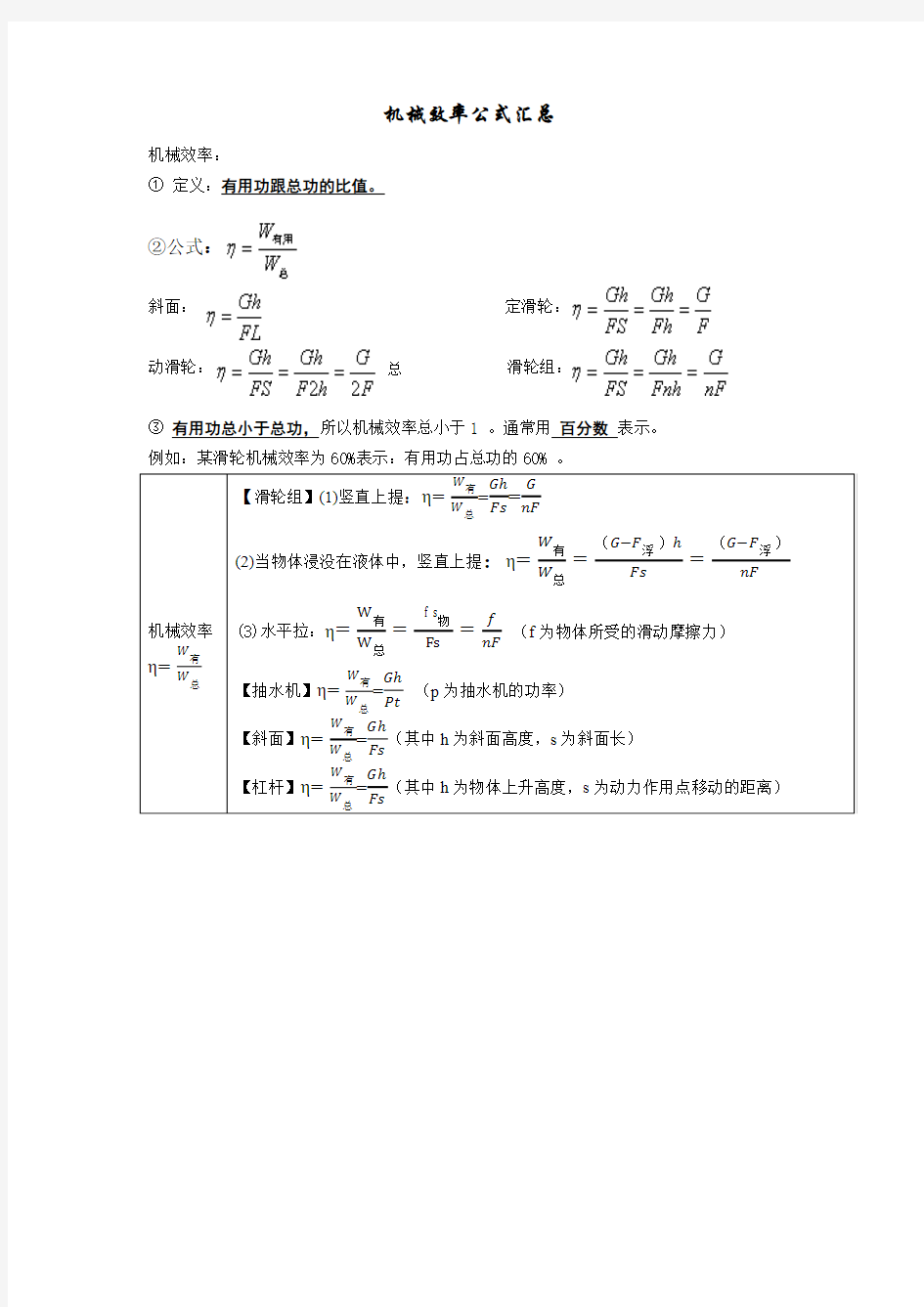 杠杆,滑轮,机械效率公式