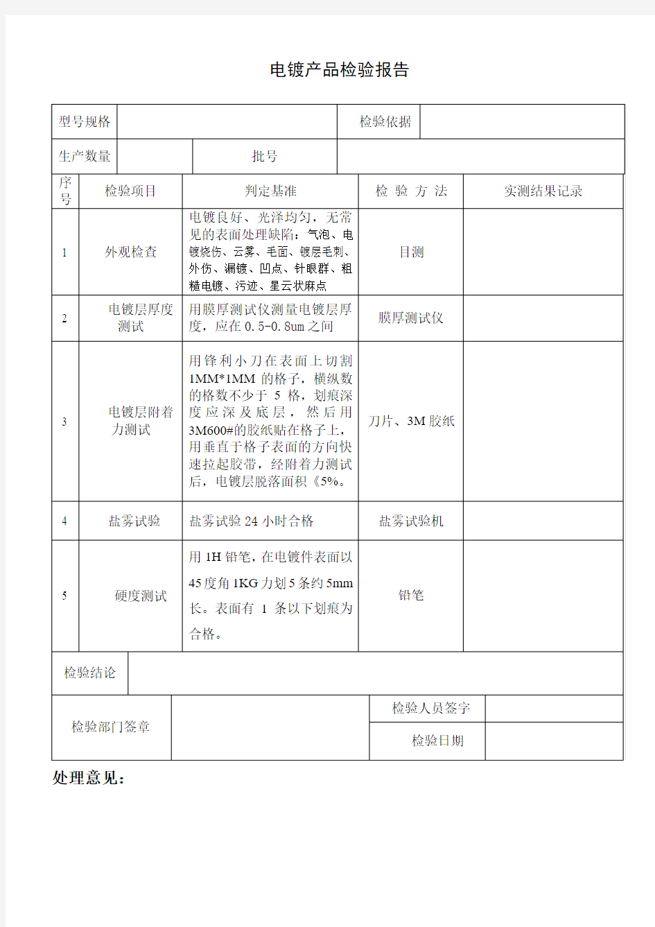 电镀产品出厂检验报告(简单范本)