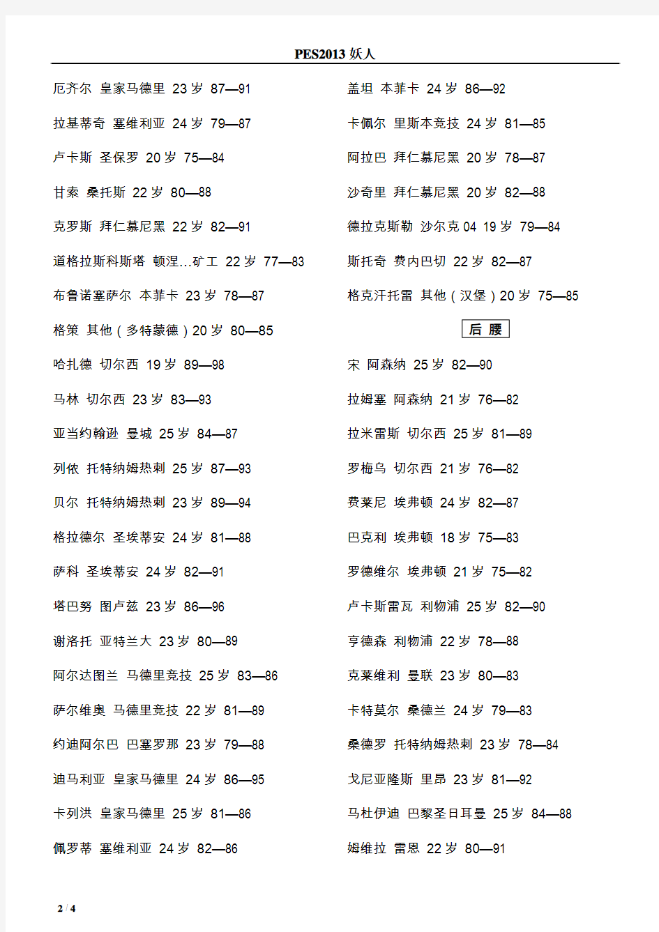 PES2013妖人名单[全,打印版]