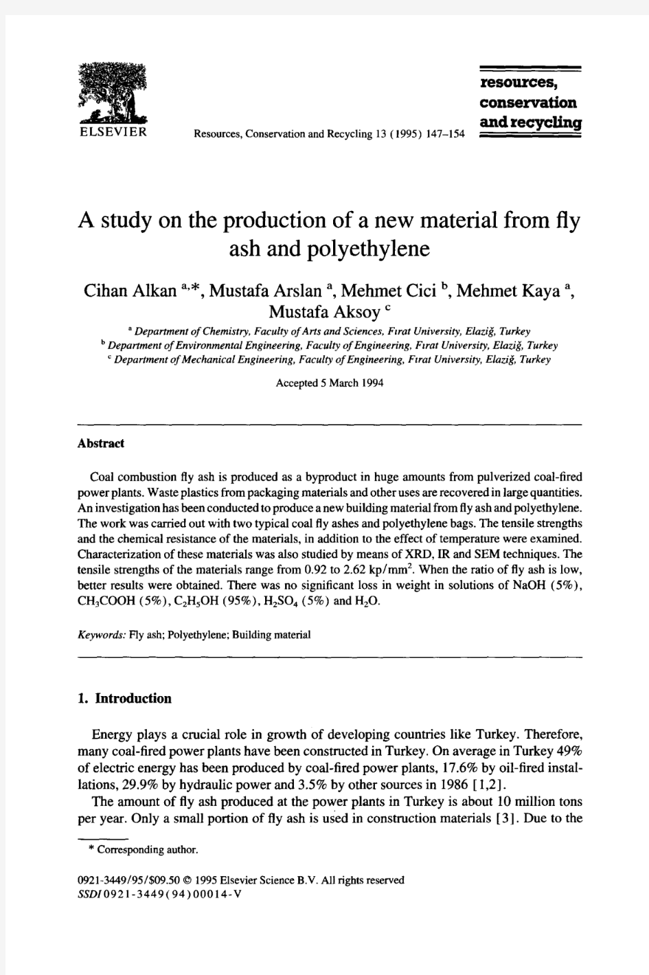 A  study  on  the production  of a new material  from  fly ash and polyethylene