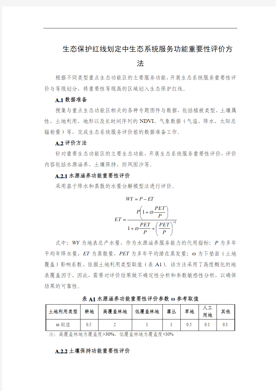 生态保护红线划定中生态系统服务功能重要性评价方法