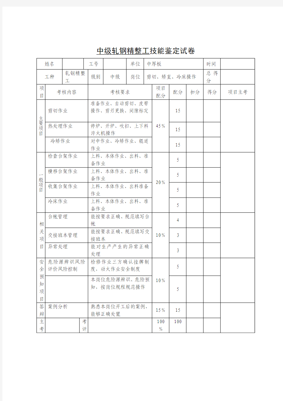 中级轧钢精整工技能鉴定试卷