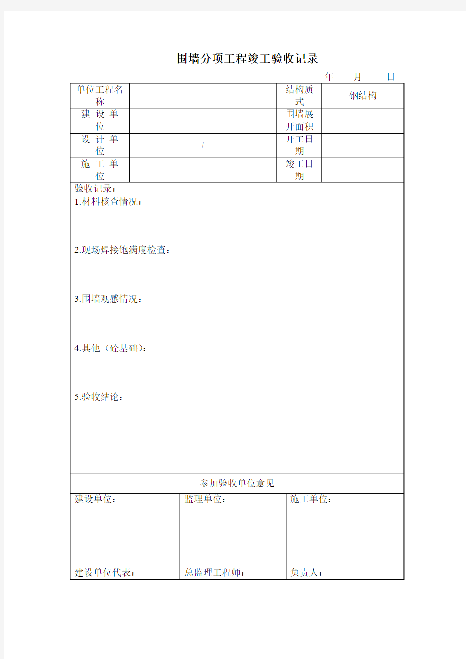 围墙分项工程竣工验收记录