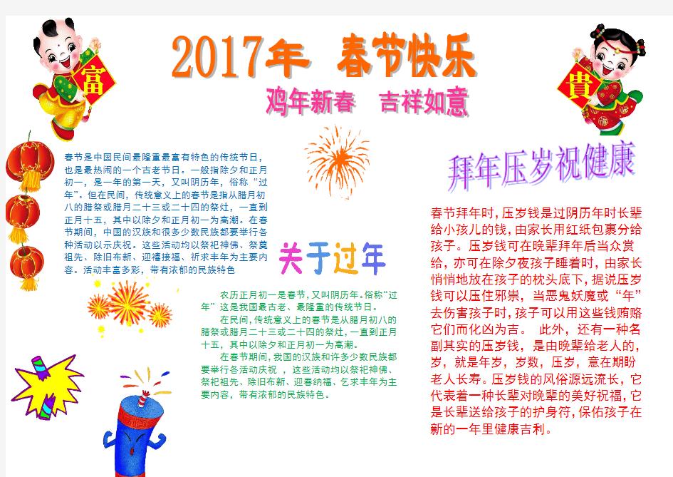 2017鸡年春节小报素材2017鸡年小学生寒假假期春节电子报模板