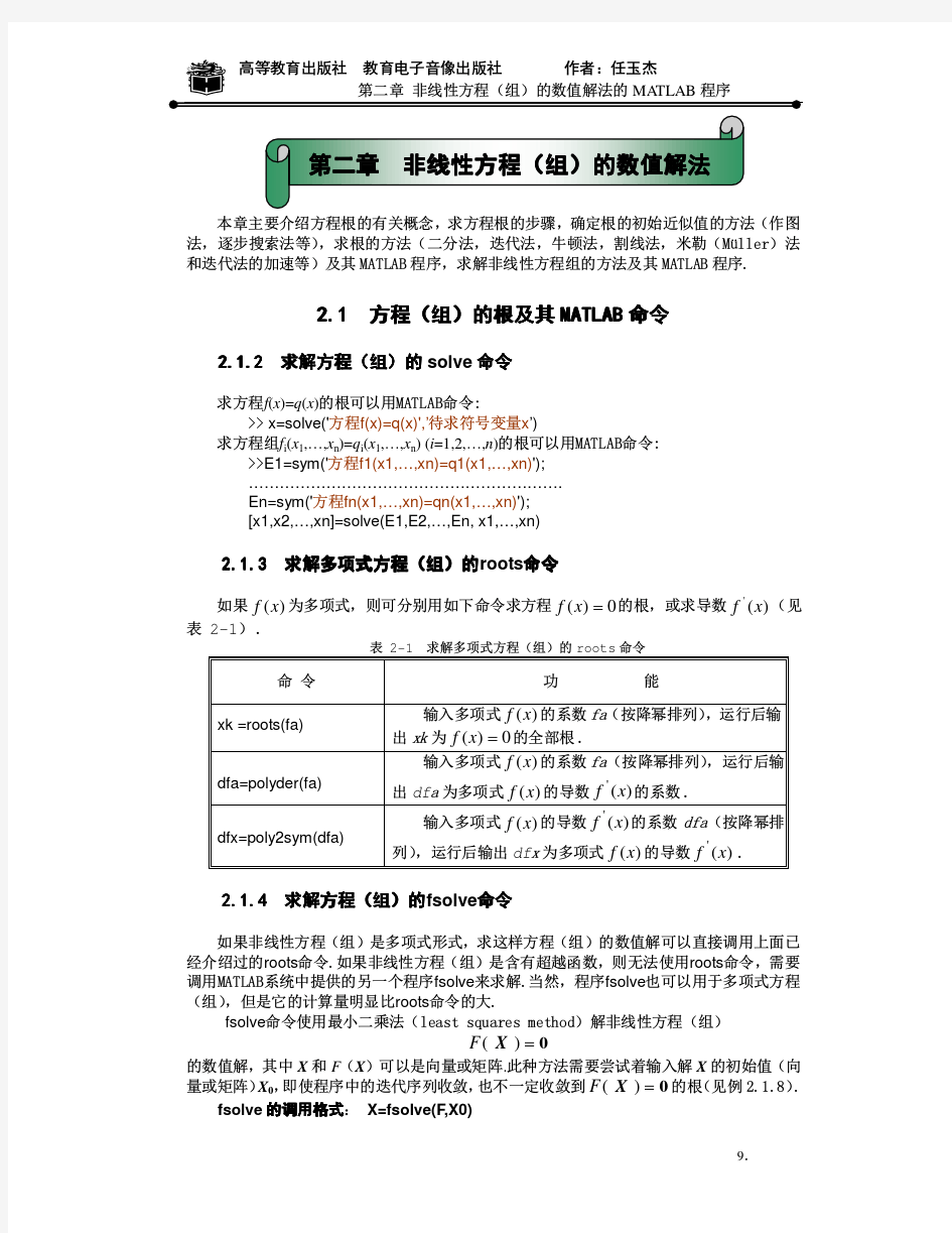 用matlab求解非线性方程组的几种方法之程序