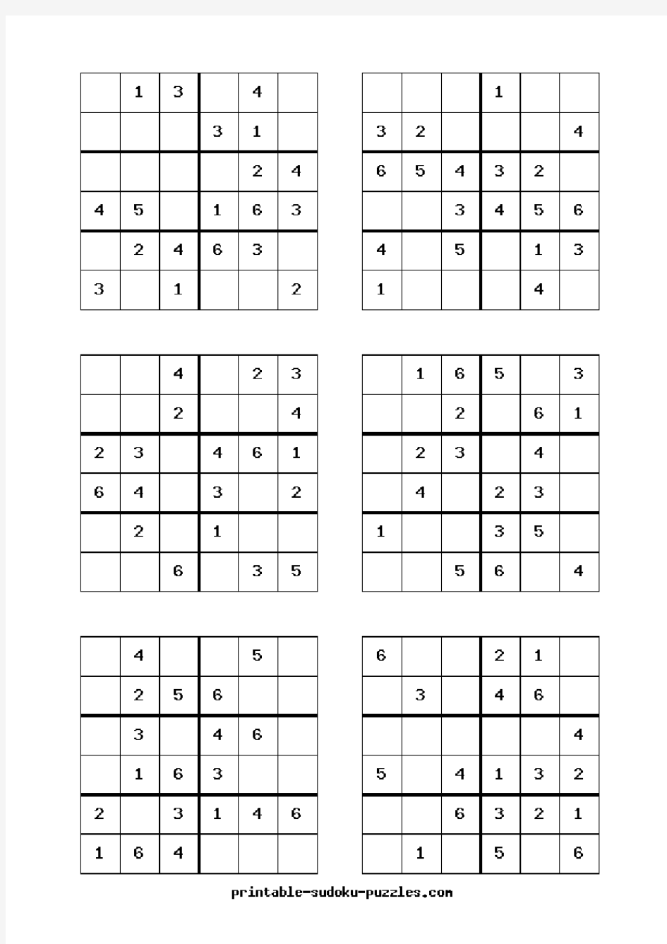 六宫格数独练习题(可直接打印,每页6题,共26页)
