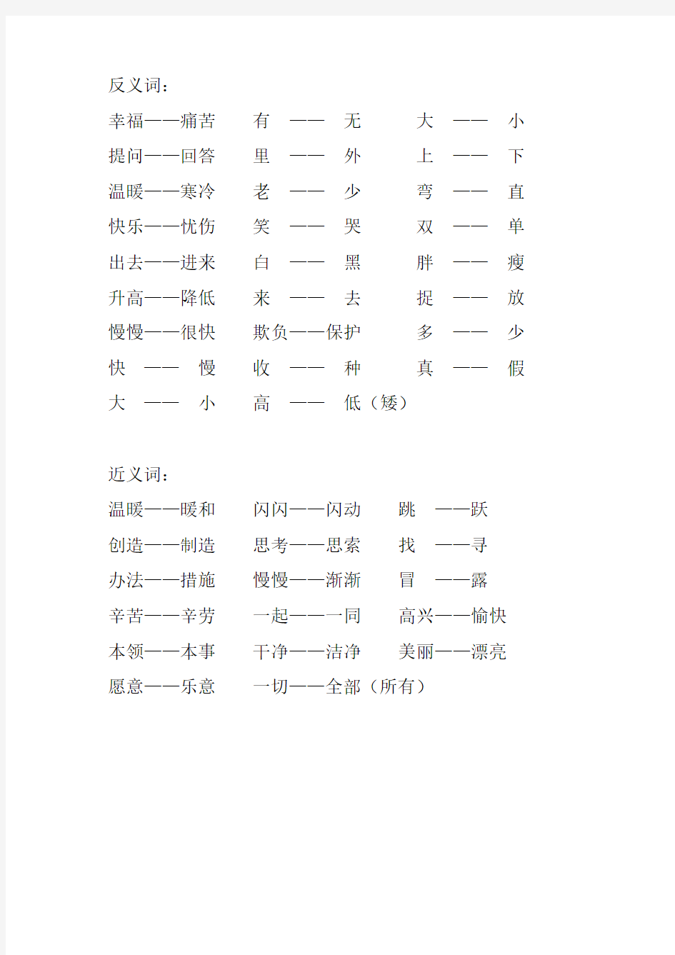 北师大版语文一年级上册近义词反义词