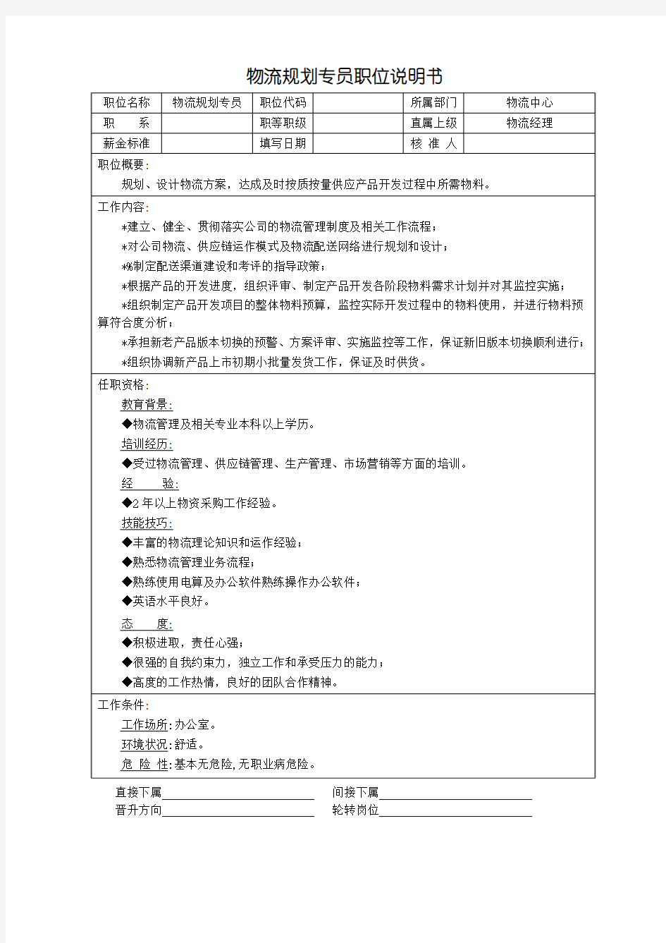 物流经理、物流规划专员职位说明书