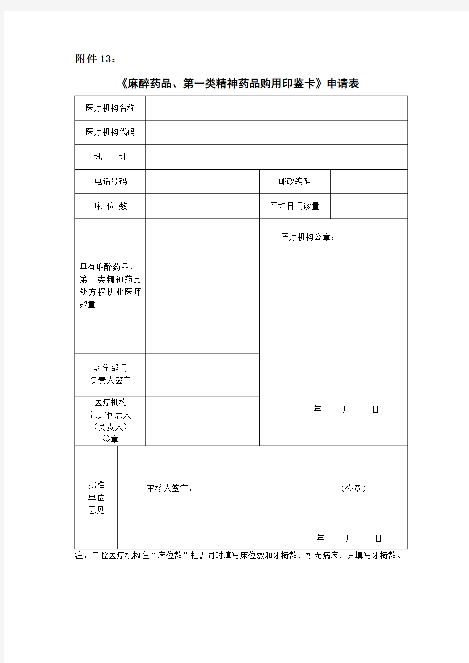 《麻醉药品、第一类精神药品购用印鉴卡》申请表