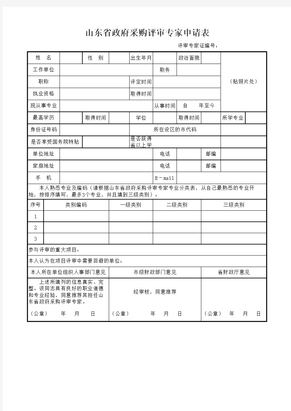 政府采购评审专家申请表