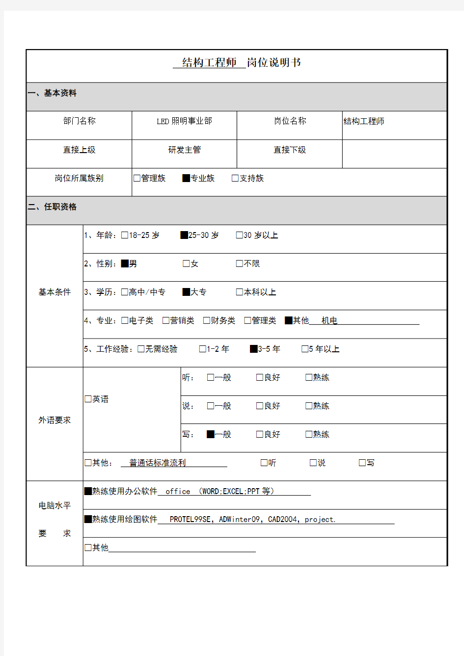 结构工程师岗位职责说明书