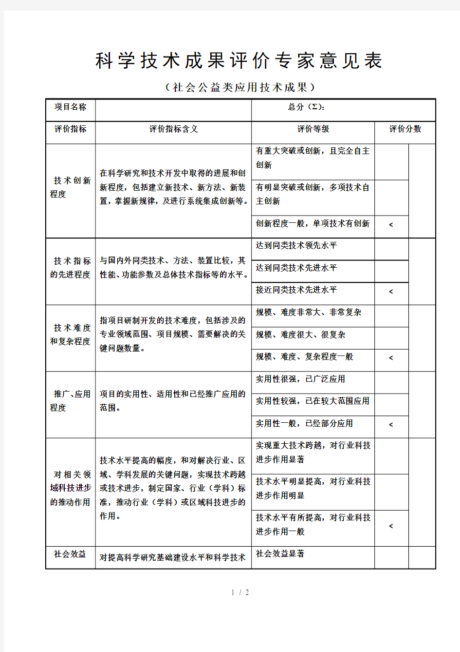 科学技术成果评价专家意见表