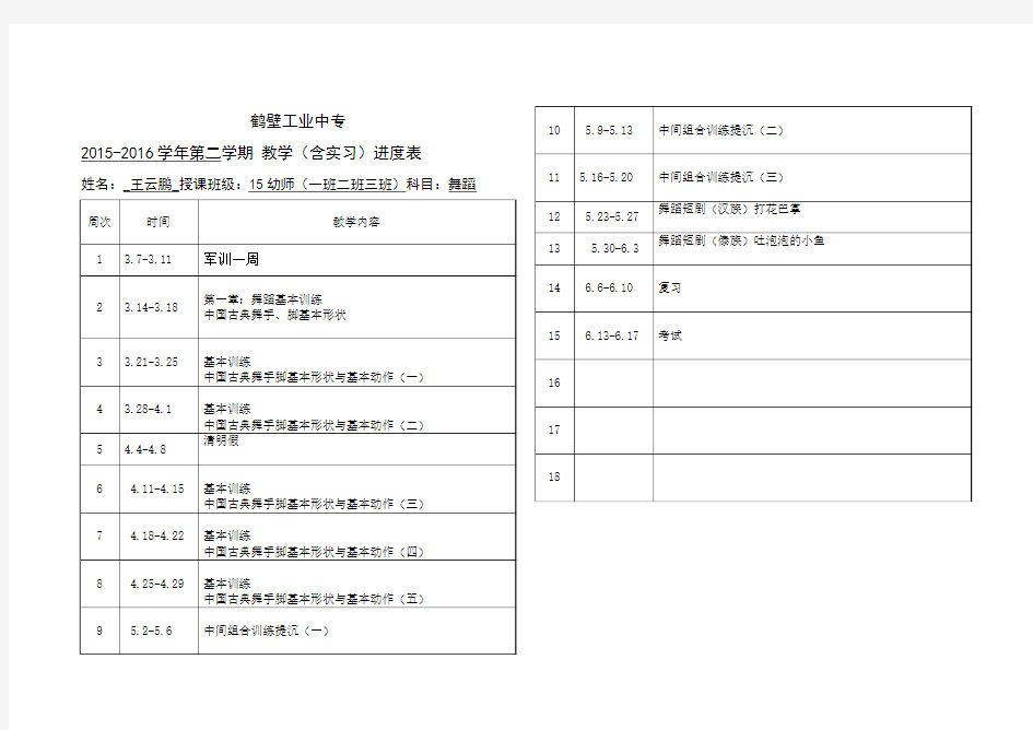 2016上教学进度表 - 舞蹈