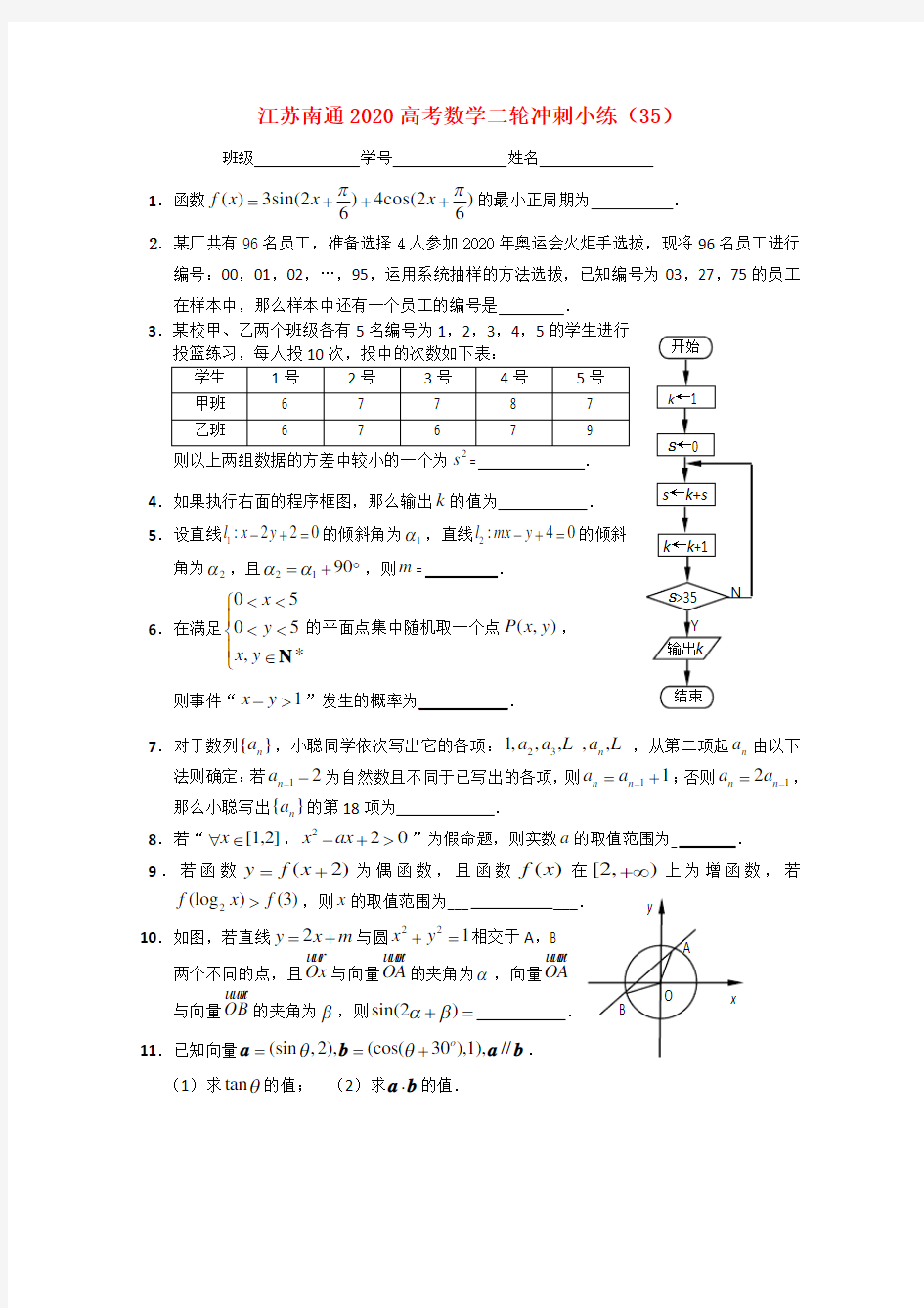 江苏省南通市2020高考数学二轮冲刺小练(35)