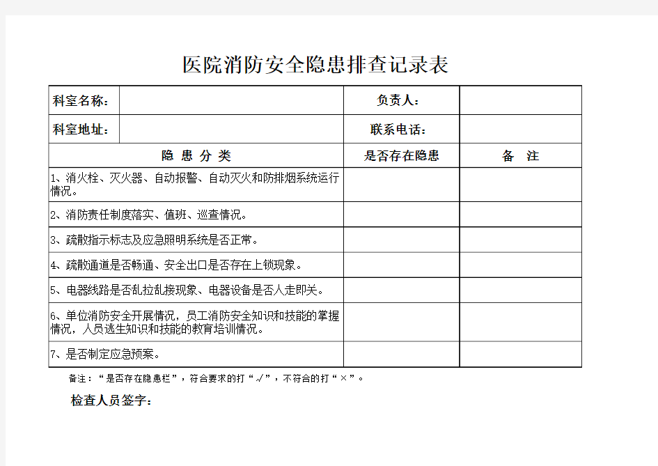 医院消防安全隐患排查记录表